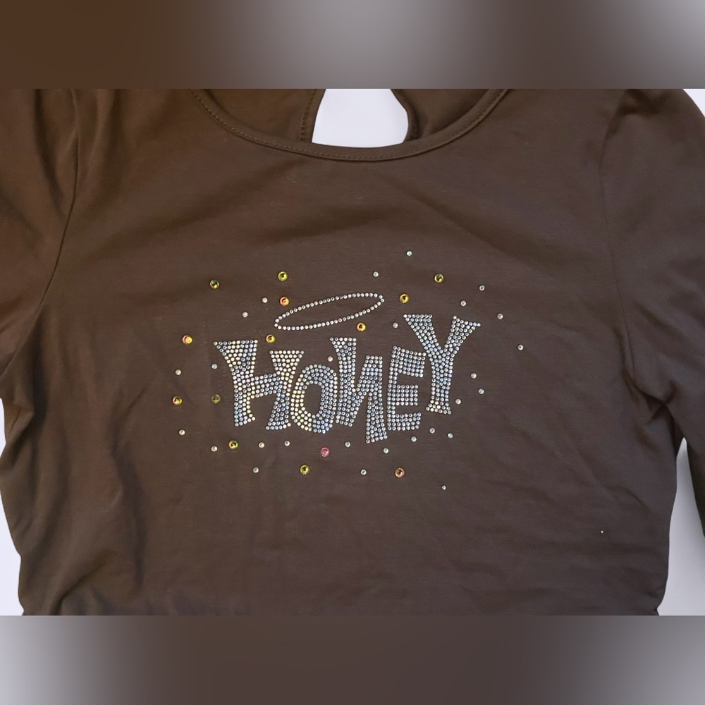 SHEIN Y2K “Honey” Rhinestone Crop Top — Brown Long Sleeve Size Medium - Picture 5 of 6